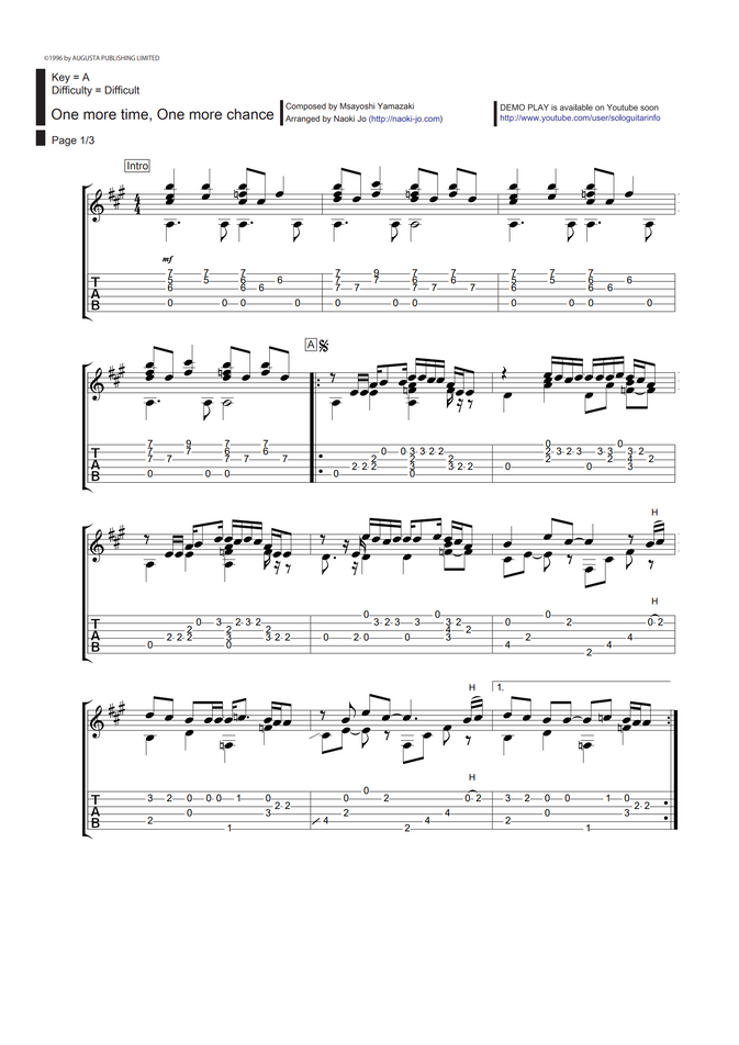 山崎まさよし One More Time One Mora Chance By 城直樹 Tab 1staff Sheet