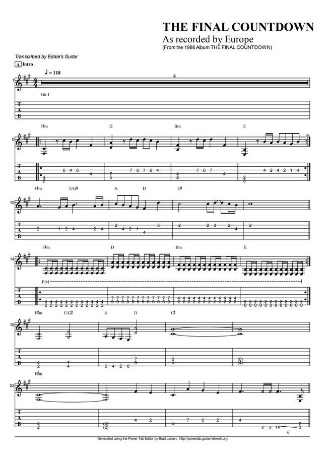 Europe The Final Countdown by Europe Sheet