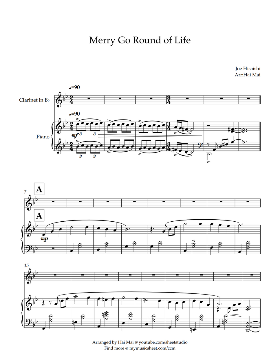 Joe Hisaishi Merry Go Round of Life for in Bb (easy) and