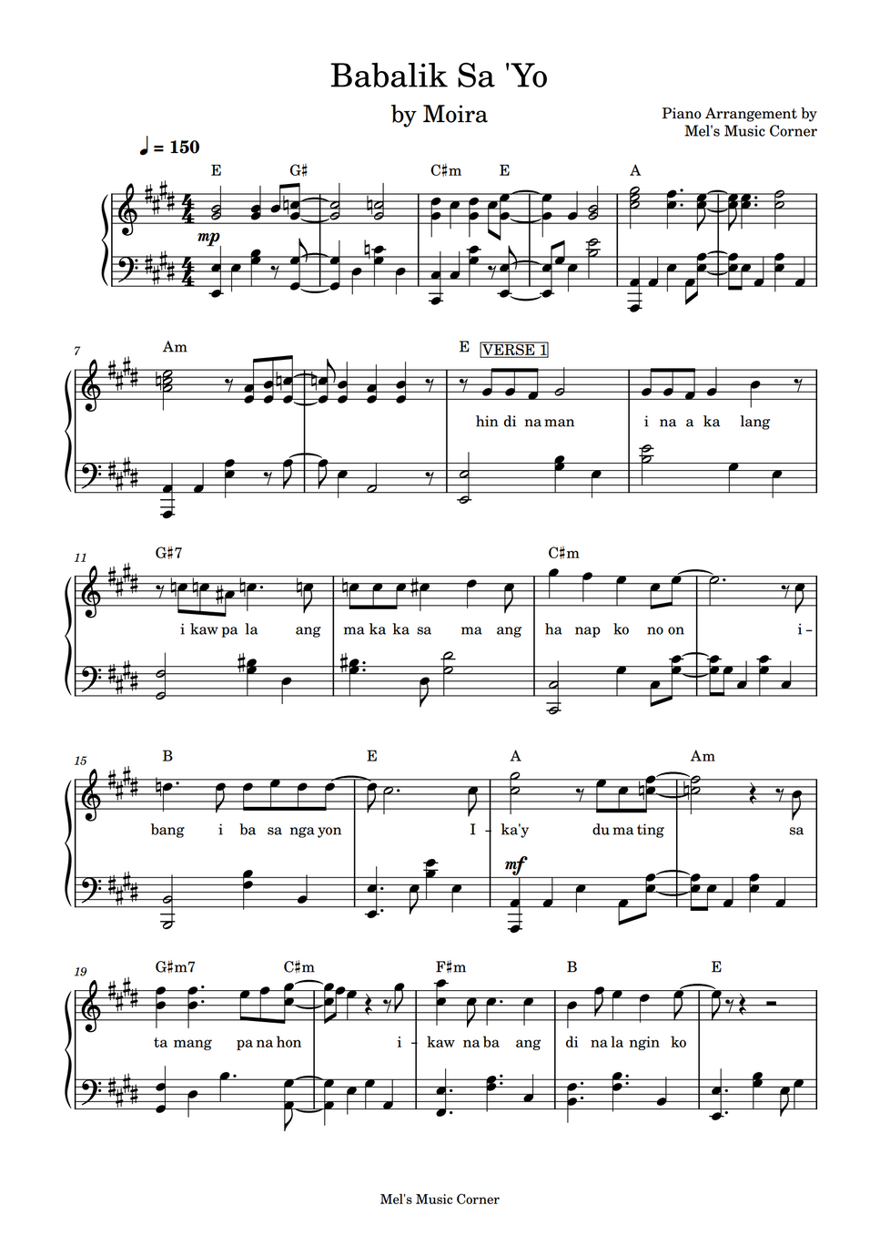 Moira Babalik Sa 'Yo (piano sheet music) by Mel's Music Corner Blad