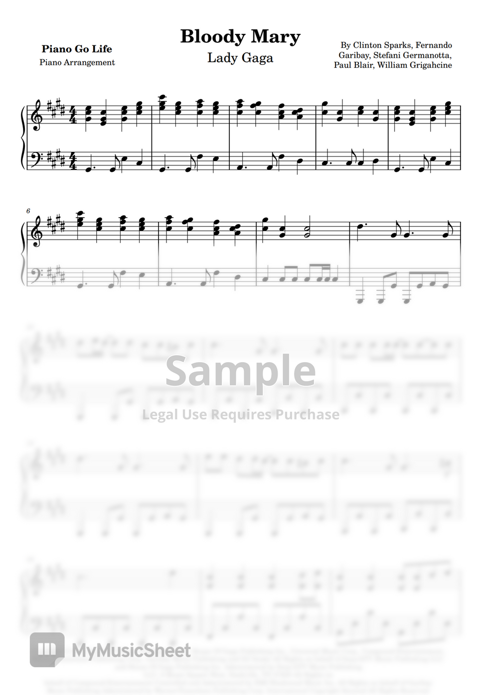 Lady Gaga Bloody Mary by Piano Go Life Sheet