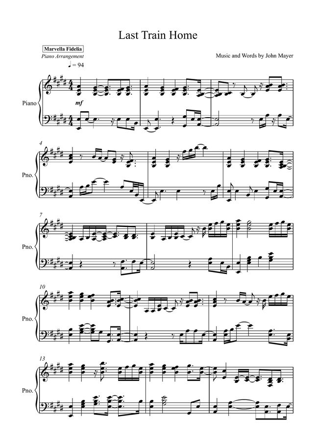 John Mayer Last Train Home by Marvella Fidelia Sheet Music