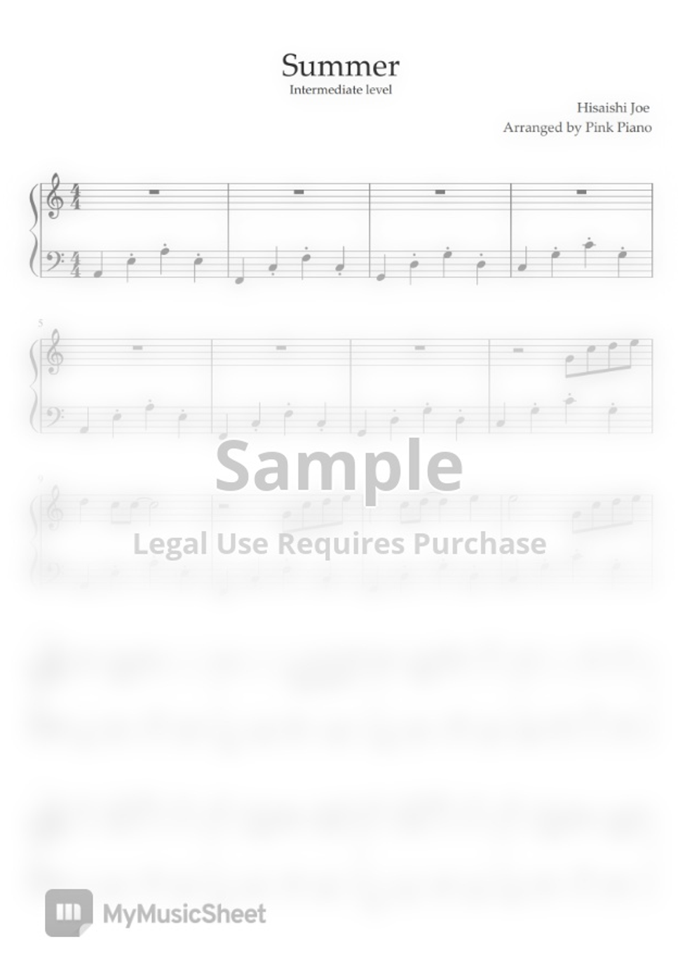 Joe Hisaishi Summer Intermediate Level Notenblatt By PINK PIANO Joe hisaishi summer intermediate level notenblatt by pink piano