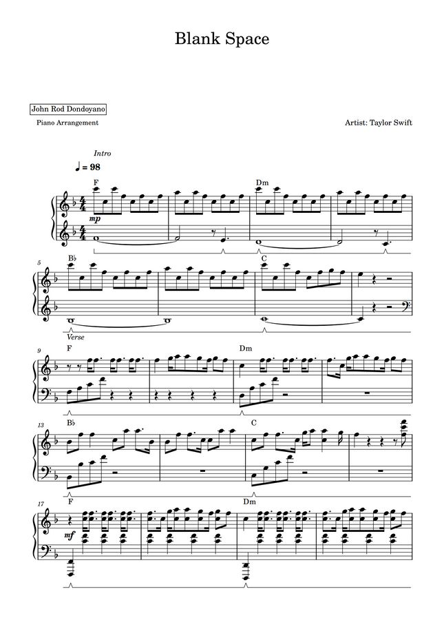 Taylor Swift - Blank Space (PIANO SHEET) by John Rod Dondoyano
