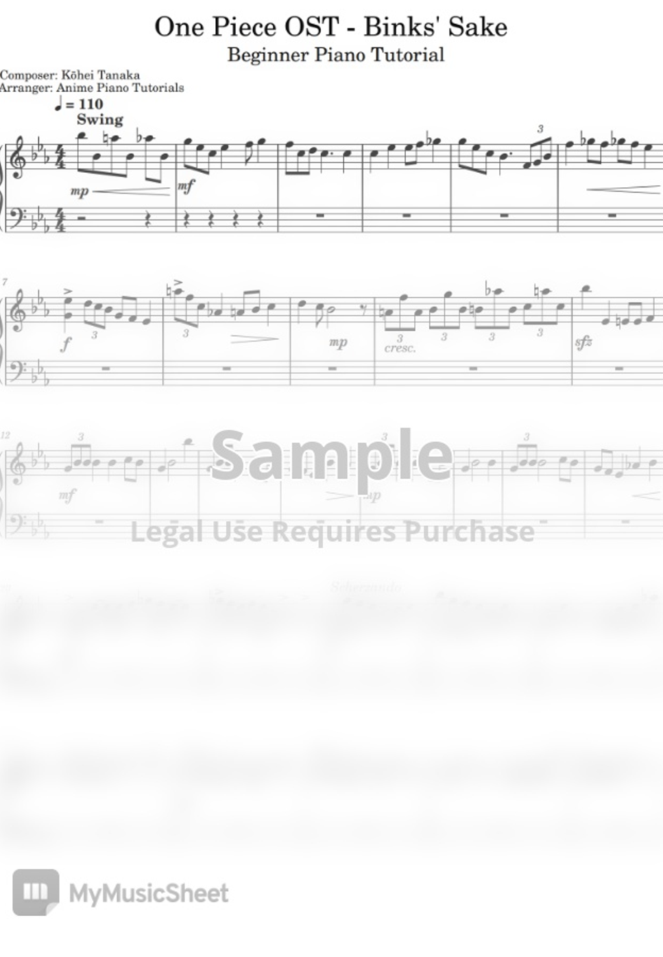 One Piece Binks Sake by Anime Piano Tutorials Sheet