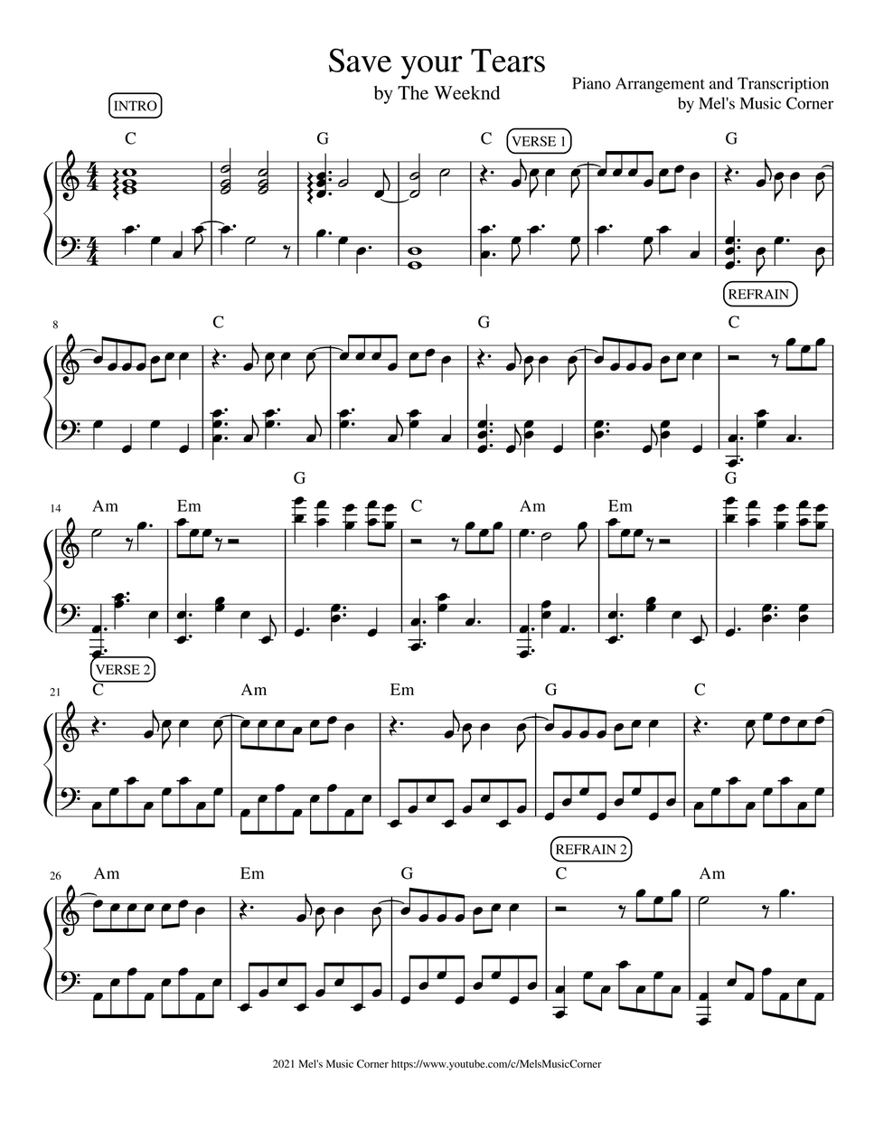 The Weeknd Save Your Tears (piano sheet music) by Mel's Music Corner Nuty