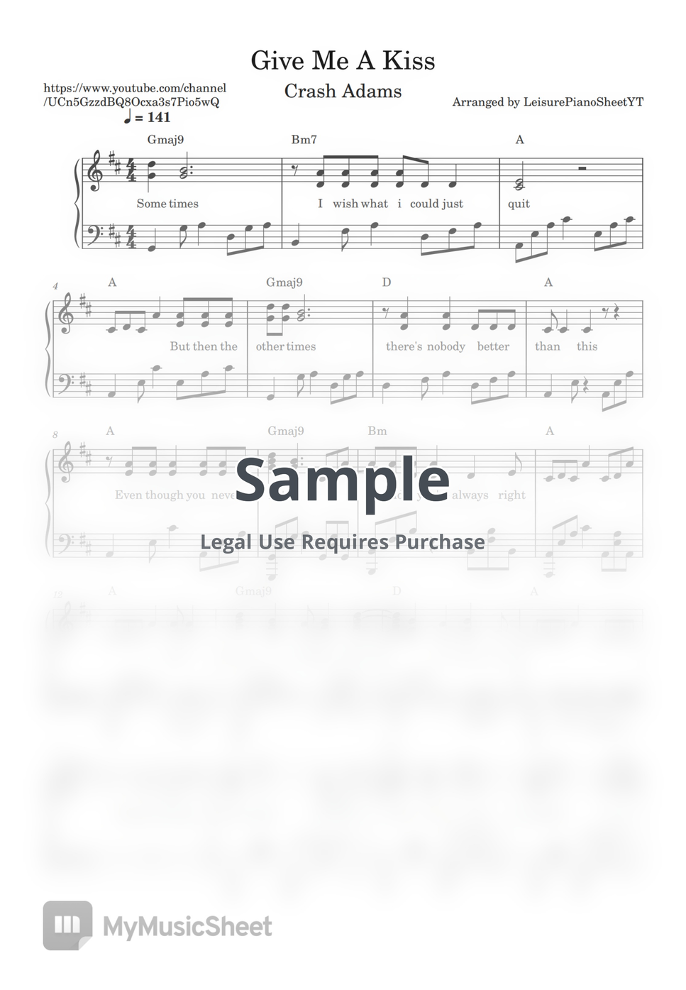 Crash adams give me a kiss by leisure piano sheets yt 