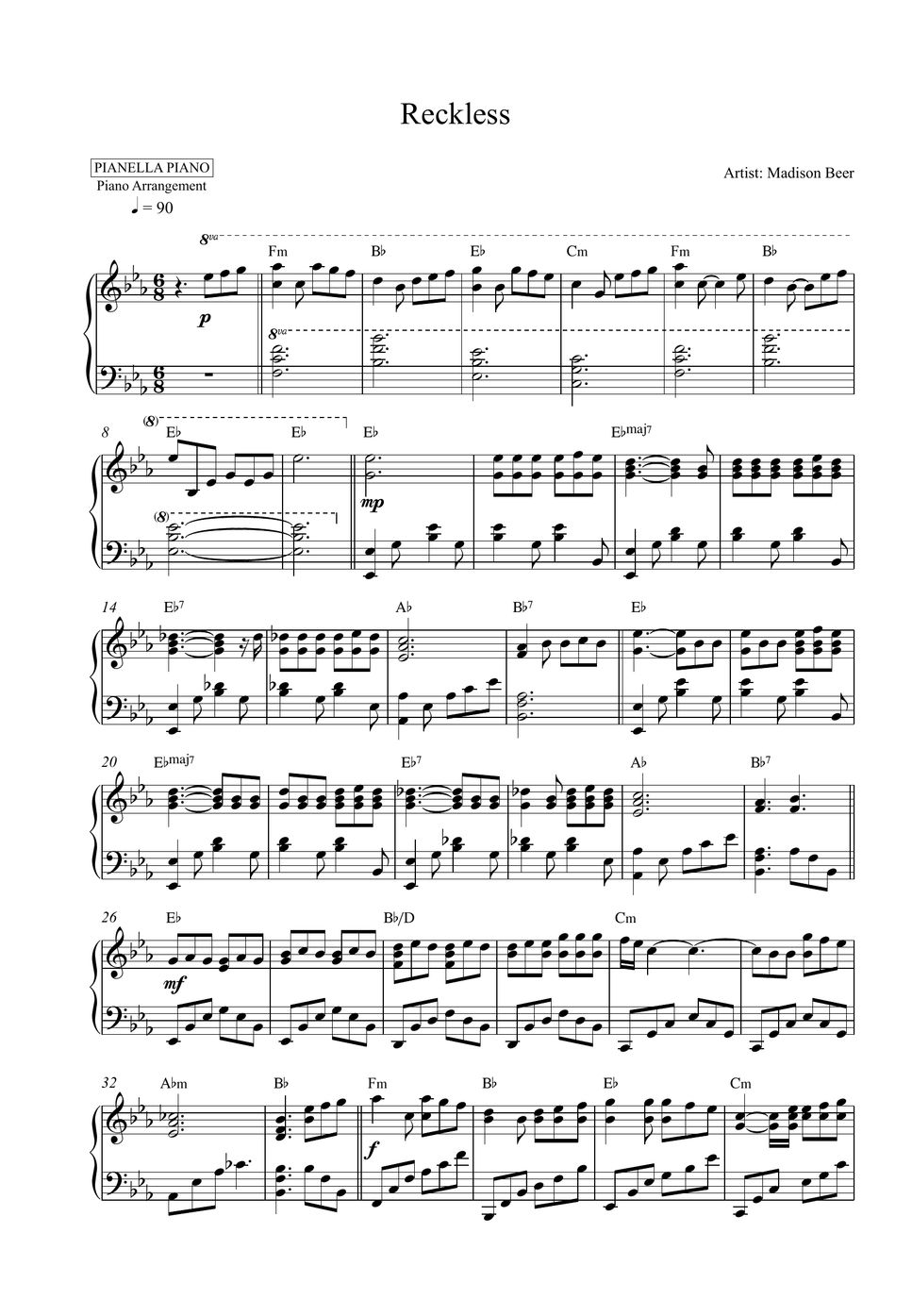 Madison Beer Reckless Piano Sheet Partitura By Pianella Piano 