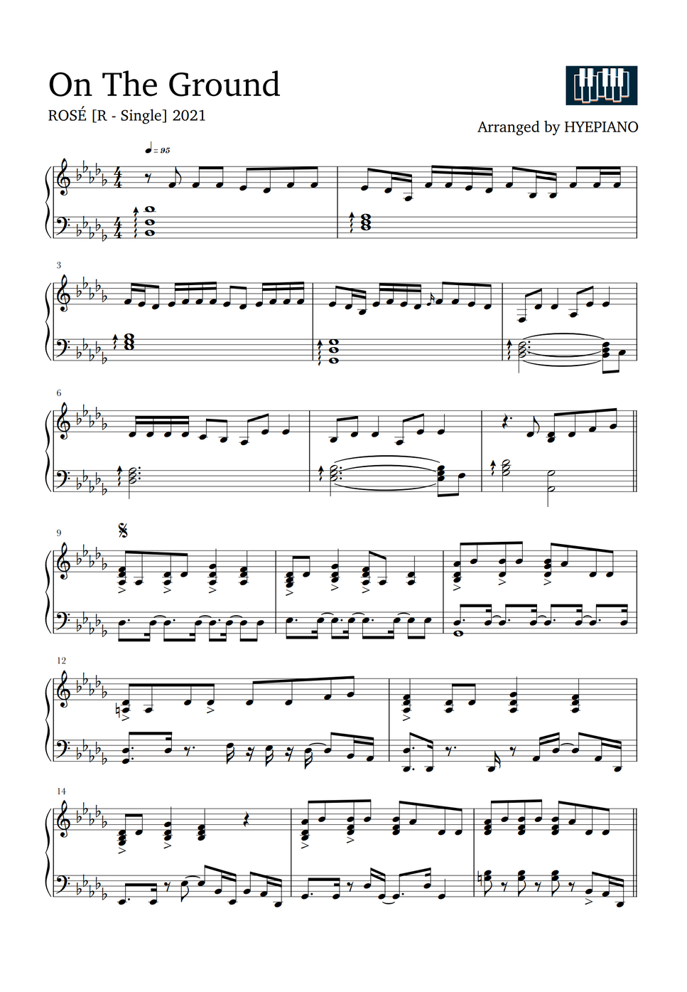 ROSÉ On The Ground (Original key) Sheet by HYEPIANO