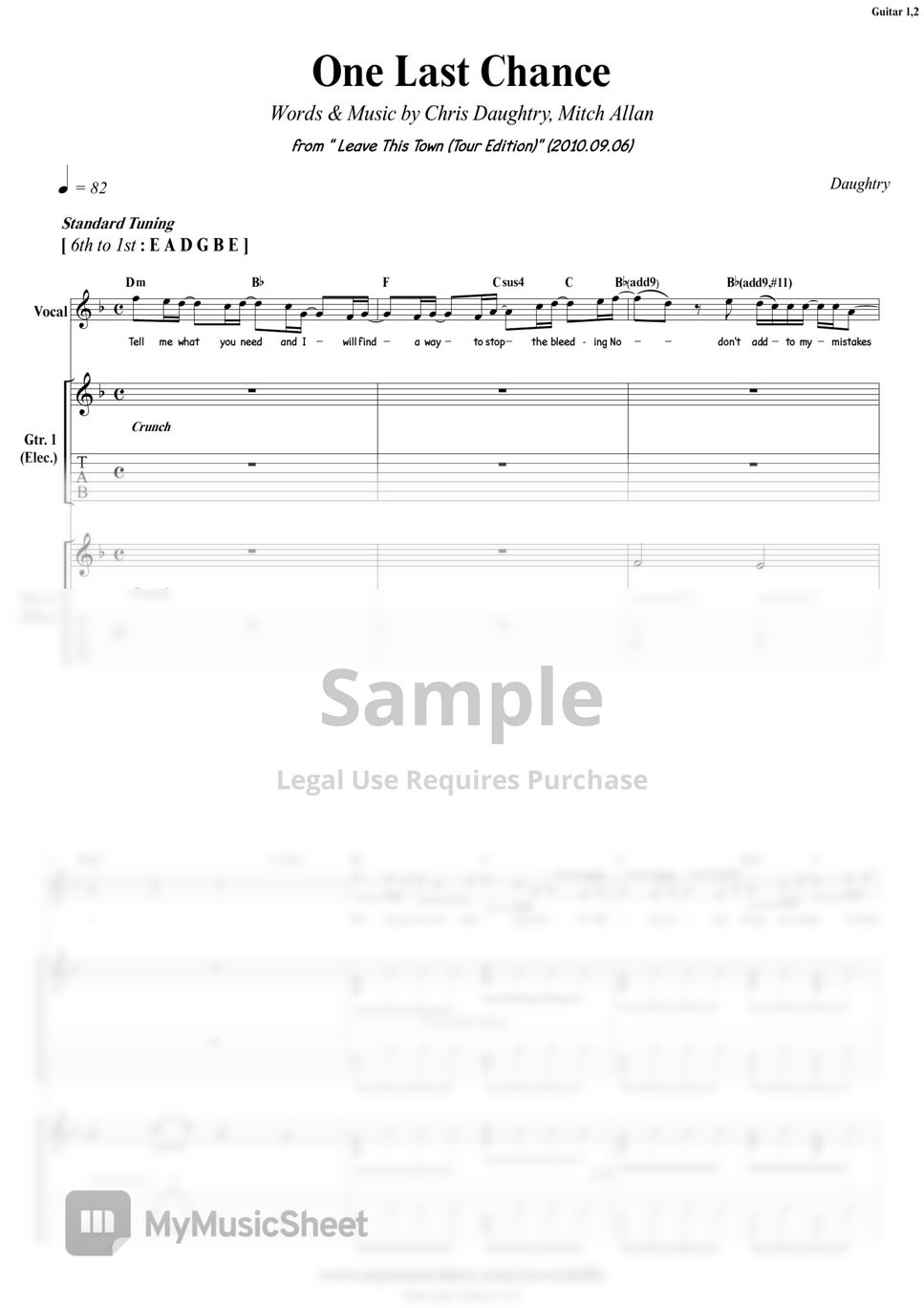 Daughtry One Last Chance (+배킹트랙) Tab + 1staff by COVER SKILLS