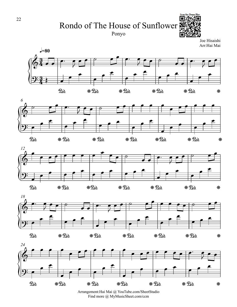 Ponyo rondo of the house of sunflower for piano beginner spartito