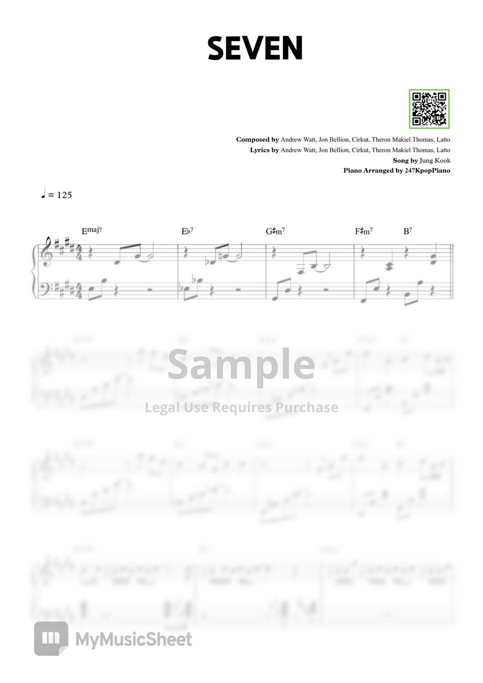 Jung kook seven not the rap part sheets by 247 kpop piano