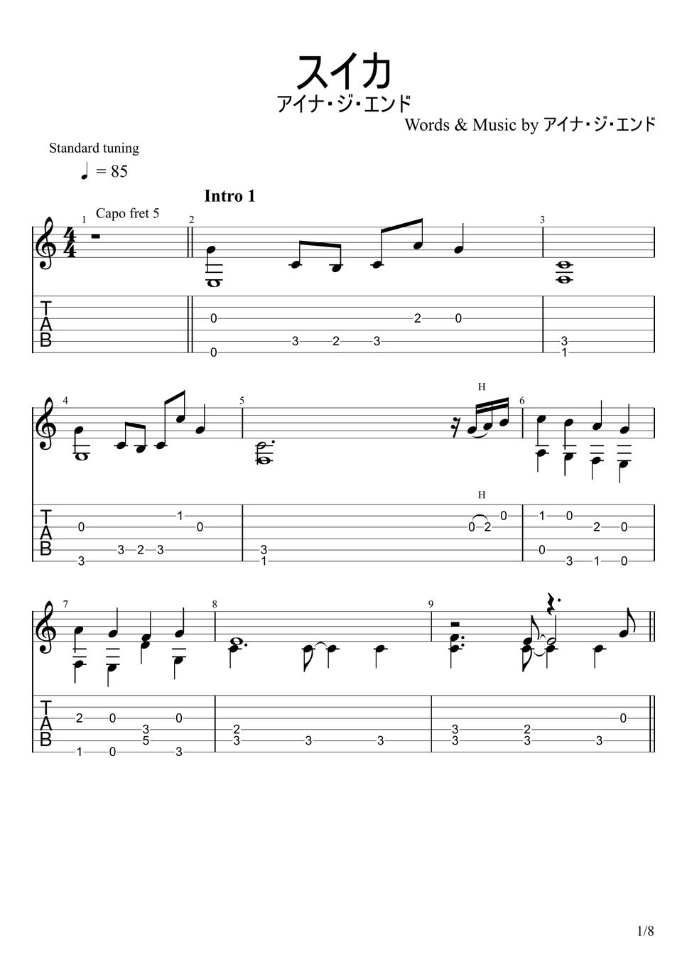 AiNA THE END Suika (Fingerstyle) TAB by u3danchou