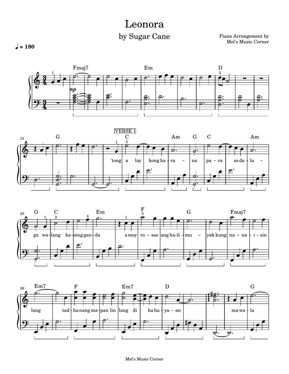 Sugarcane - Leonora (piano sheet music) by Mel's Music Corner