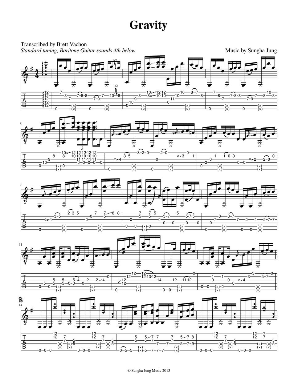 Sungha Jung - Gravity Acoustic Guitar TAB+1 Staff PDF | Brett Vachon |  mymusic5, image size:967x1251