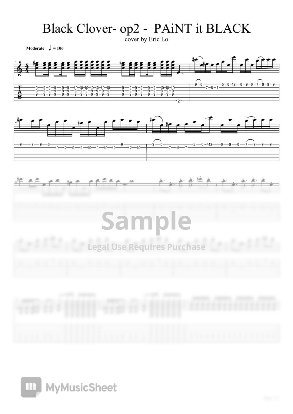 黑色五葉草 Black Clover op2 PAiNT it BLACK guitar cover Tab + 단선 악보 by