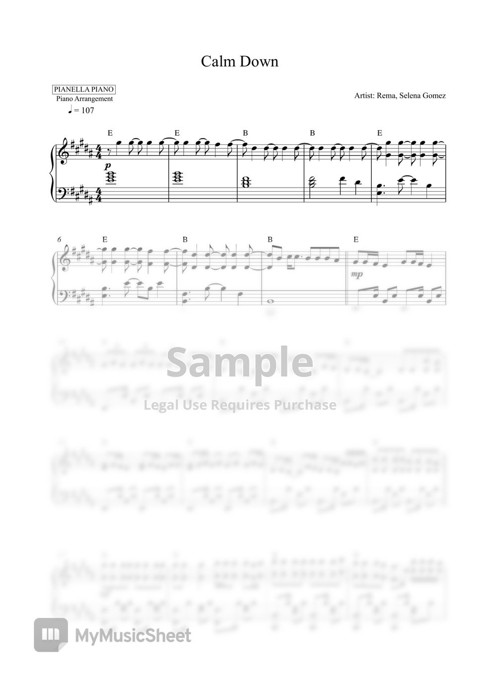 Rema, Selena Gomez - Calm Down (Piano Sheet) by Pianella Piano
