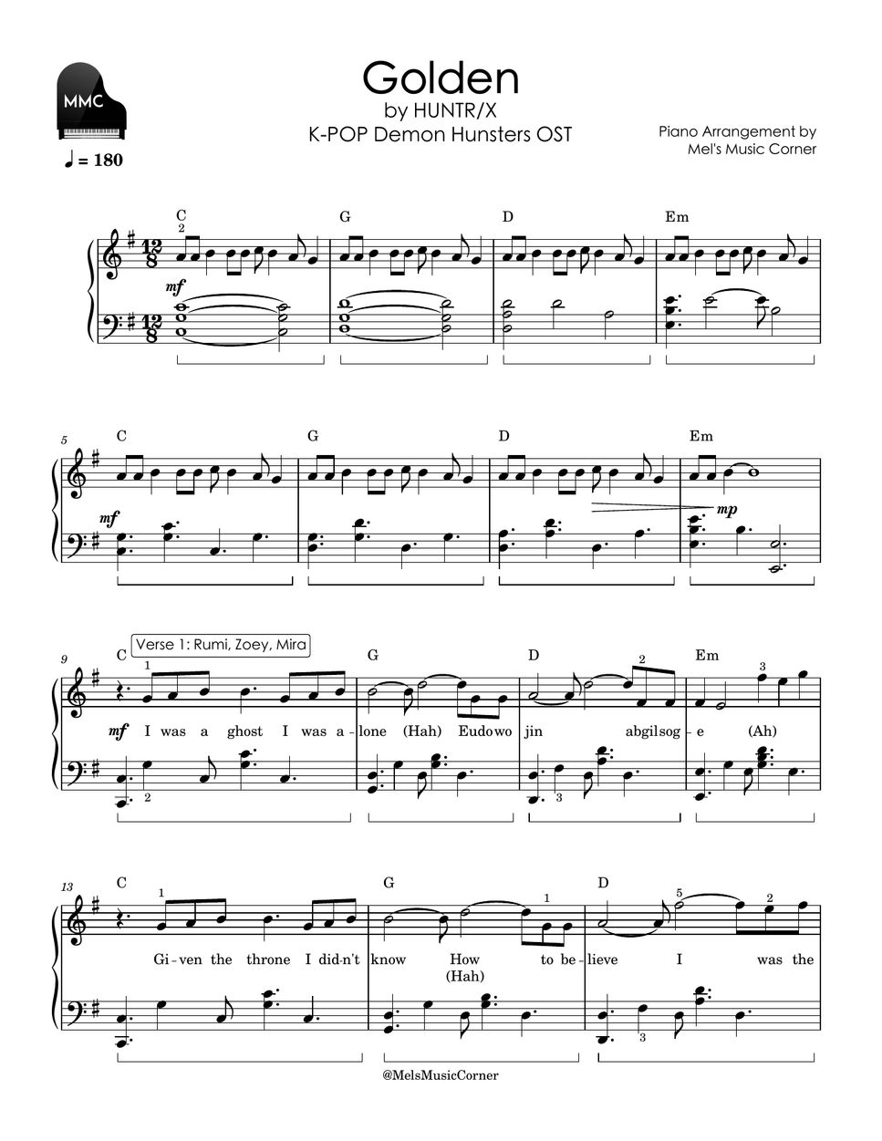 HUNTR/X - Golden - KPOP Demon Hunters OST (piano sheet music) by Mel&#x27;s Music Corner