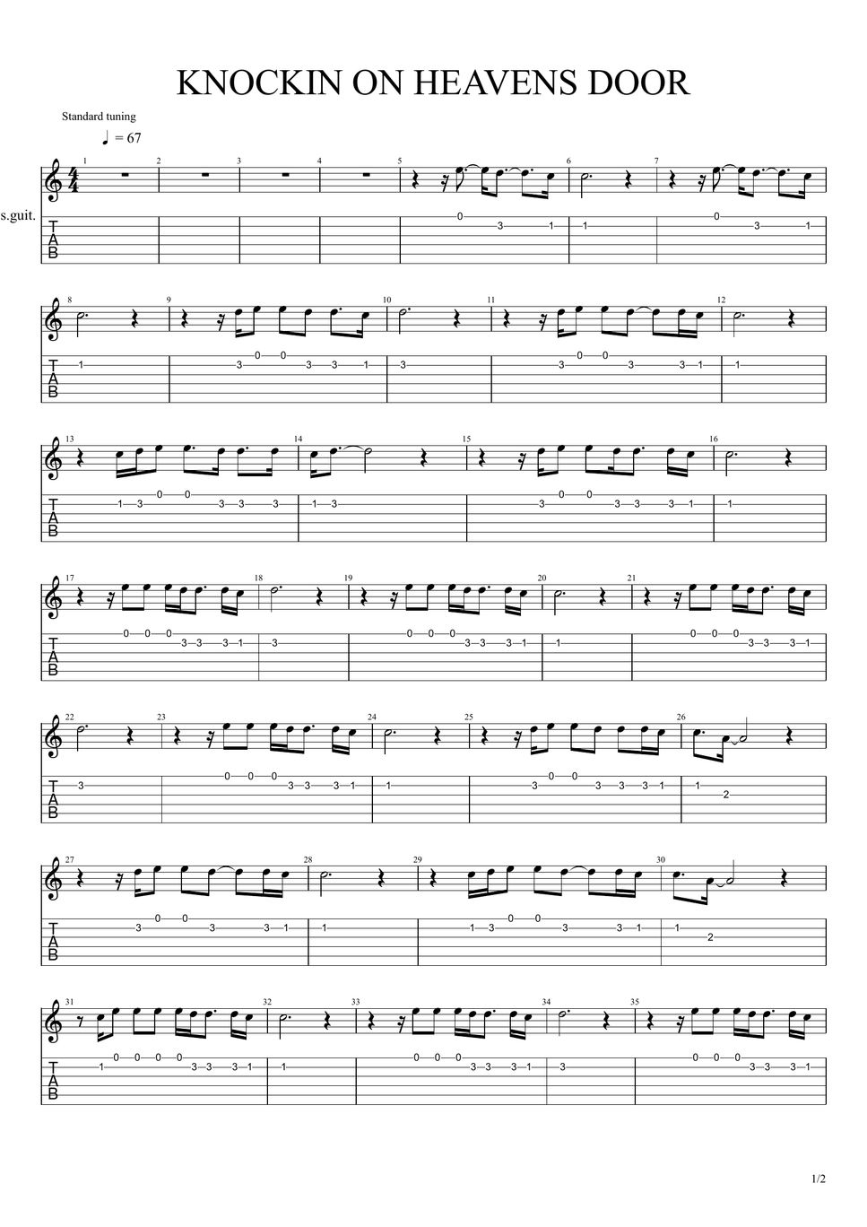 Tony guitar knockin on heavens door sheets by tony guitar