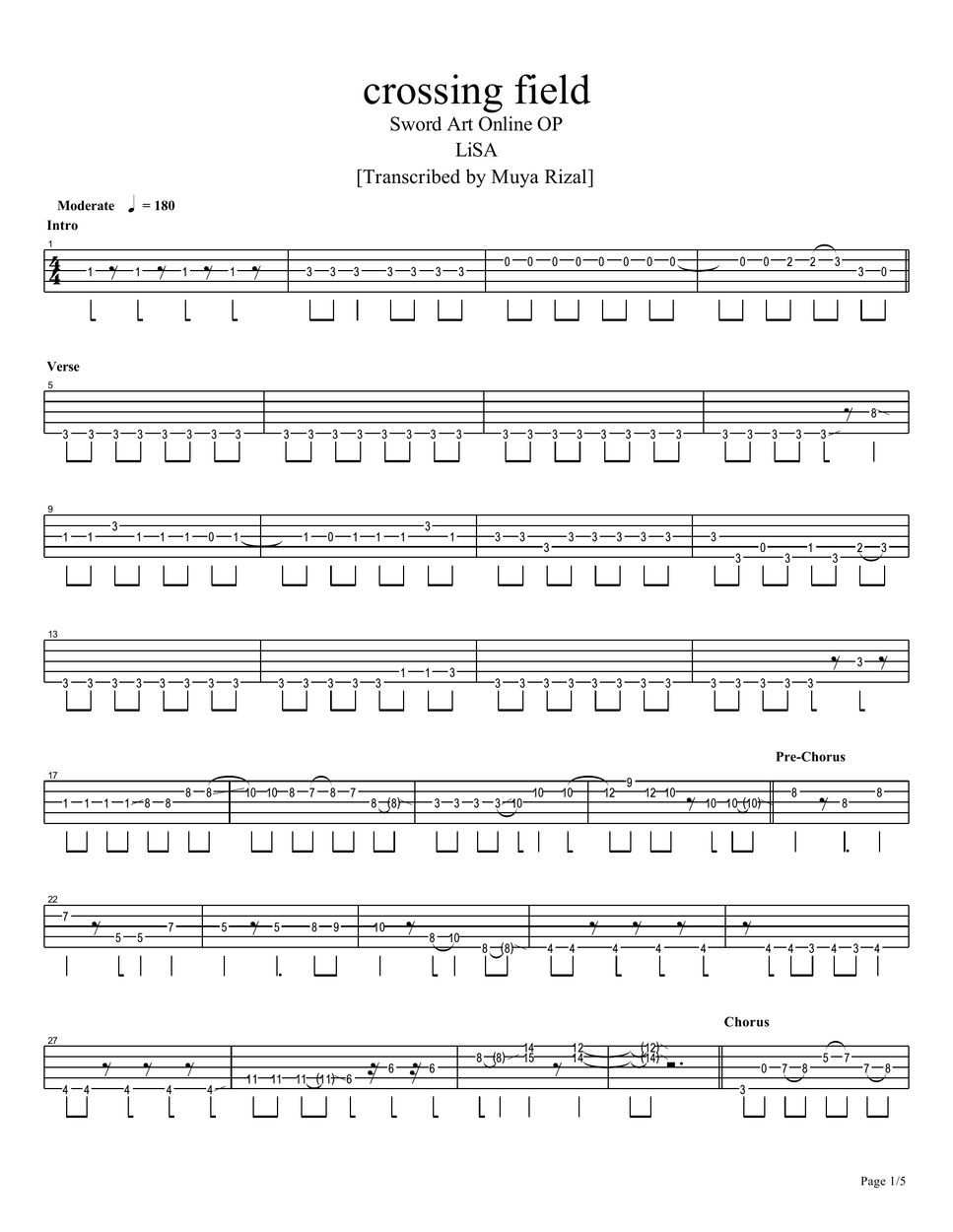 LiSA - crossing field (Bass TAB) by Muya