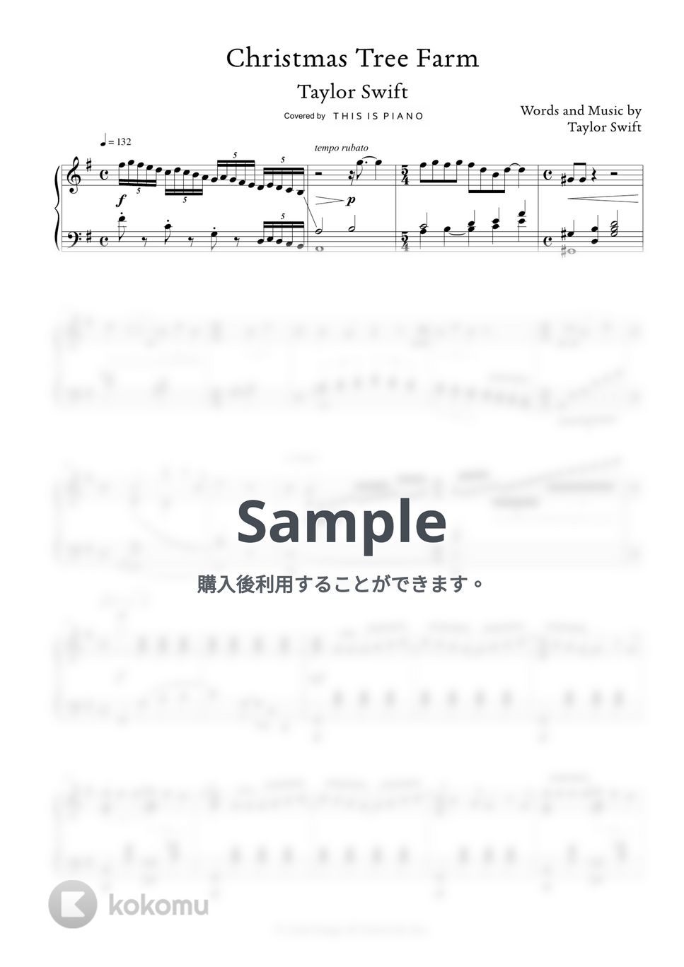 Taylor Swift Christmas Tree Farm 楽譜 by THIS IS PIANO
