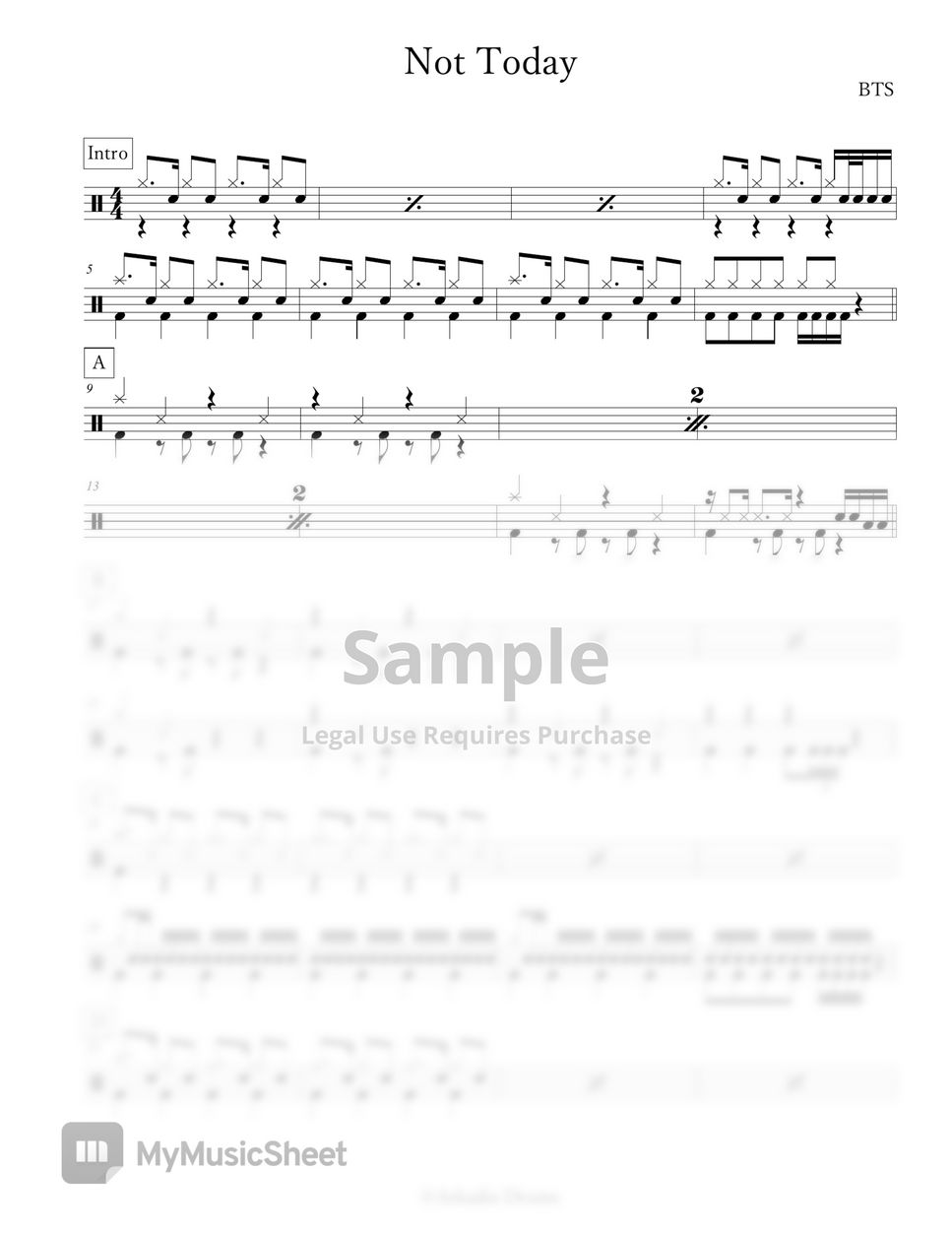 Bts not today sheets by arkadia drums