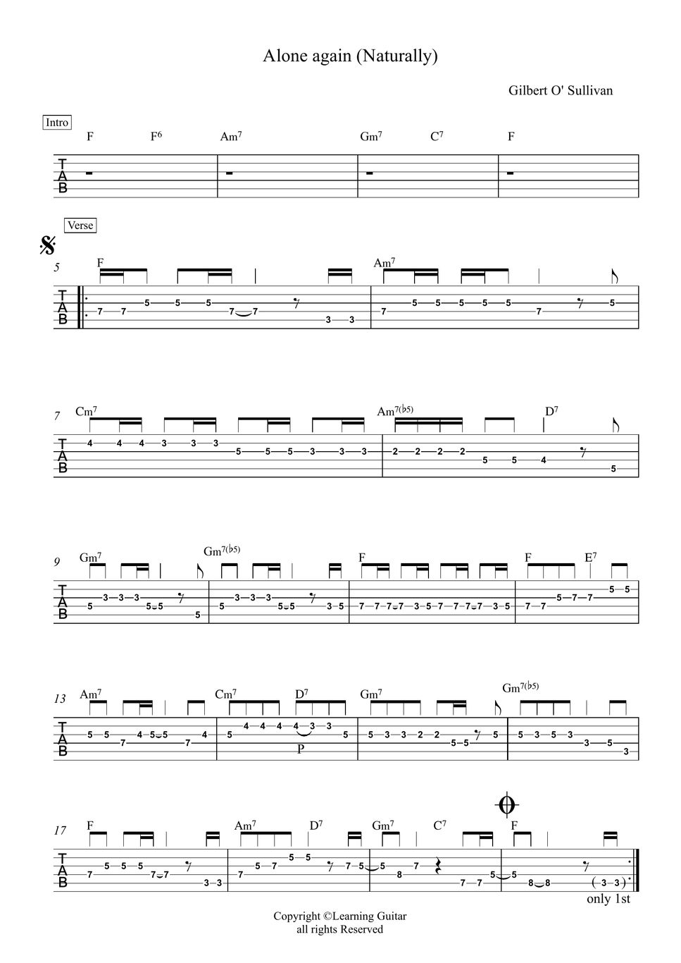 Gilbert O' Sullivan - Alone again (Naturally) Guitar Melody TAB Sheets