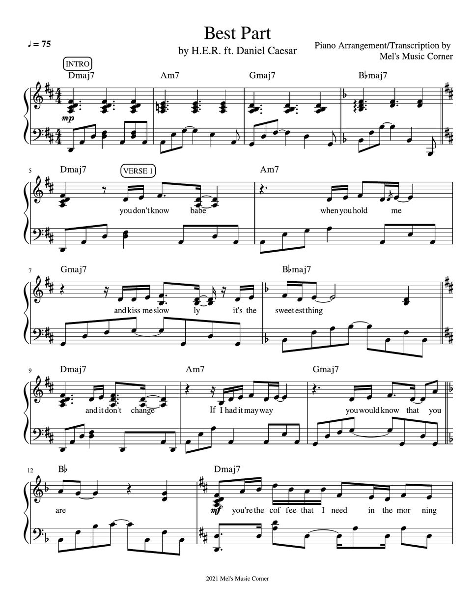 Daniel Caesar H E R Best Part piano Sheet Music Spartito By Mel