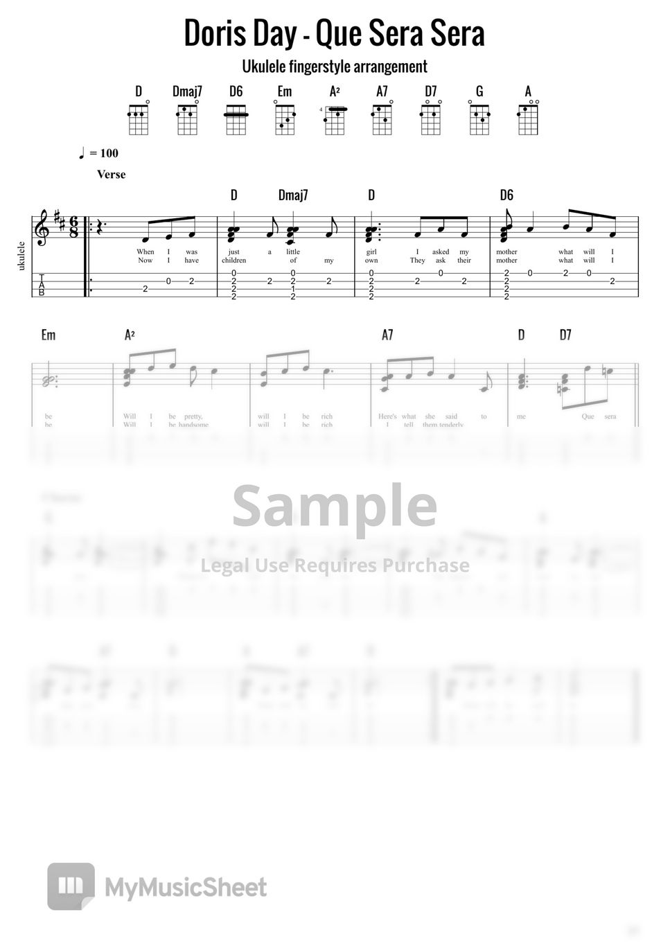 Doris Day Que Sera Sera (Fingerstyle) Sheets by Vasko (Ukulele Cheats)