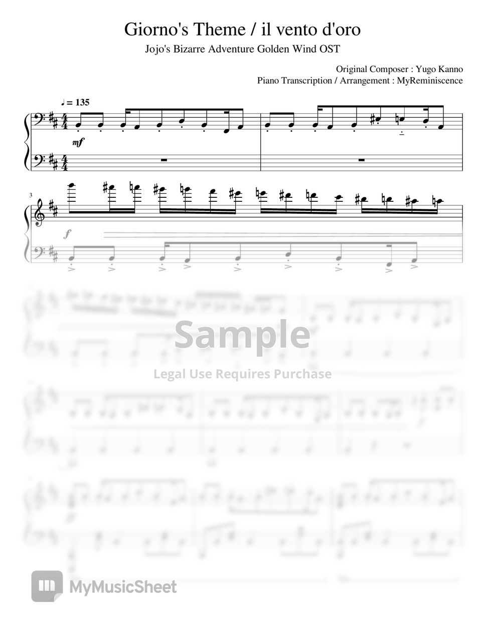 JoJo's Bizarre Adventure Golden Wind OST:Giorno's theme Sheet music for  Piano (Solo)