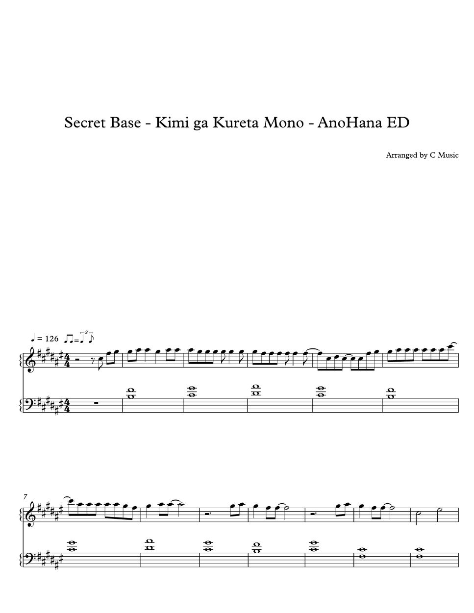 AnoHana あの日見た花の名前を僕達はまだ知らない Secret Base Kimi ga Kureta Mono 君がくれたもの 악보 by C Music