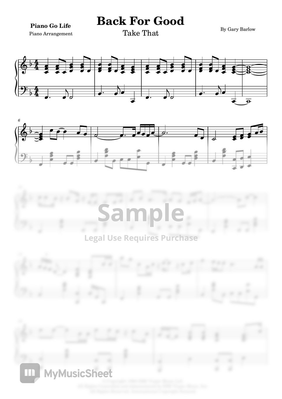 Take that back for good sheets by piano go life