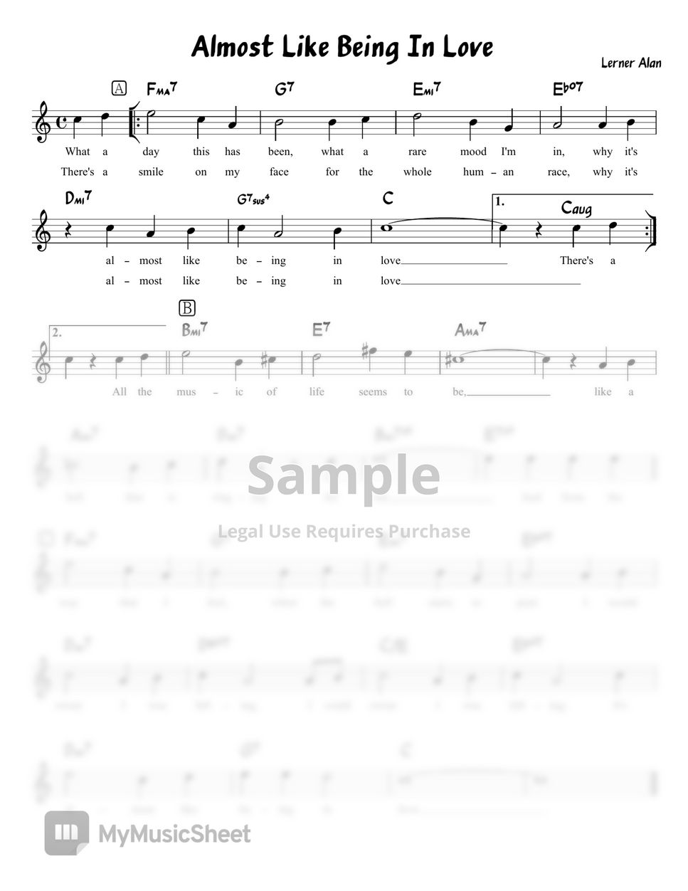 Frederick Loewe - Almost Like Being in Love in C (Chord/Melody/Lyrics) (Jazz Lead Sheet) by ukulelewenwen