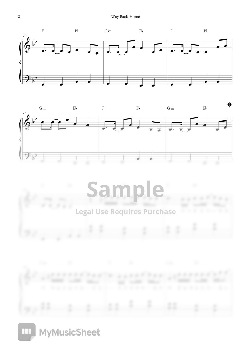 SHAUN – Way Back Home Easy Piano Sheet Music