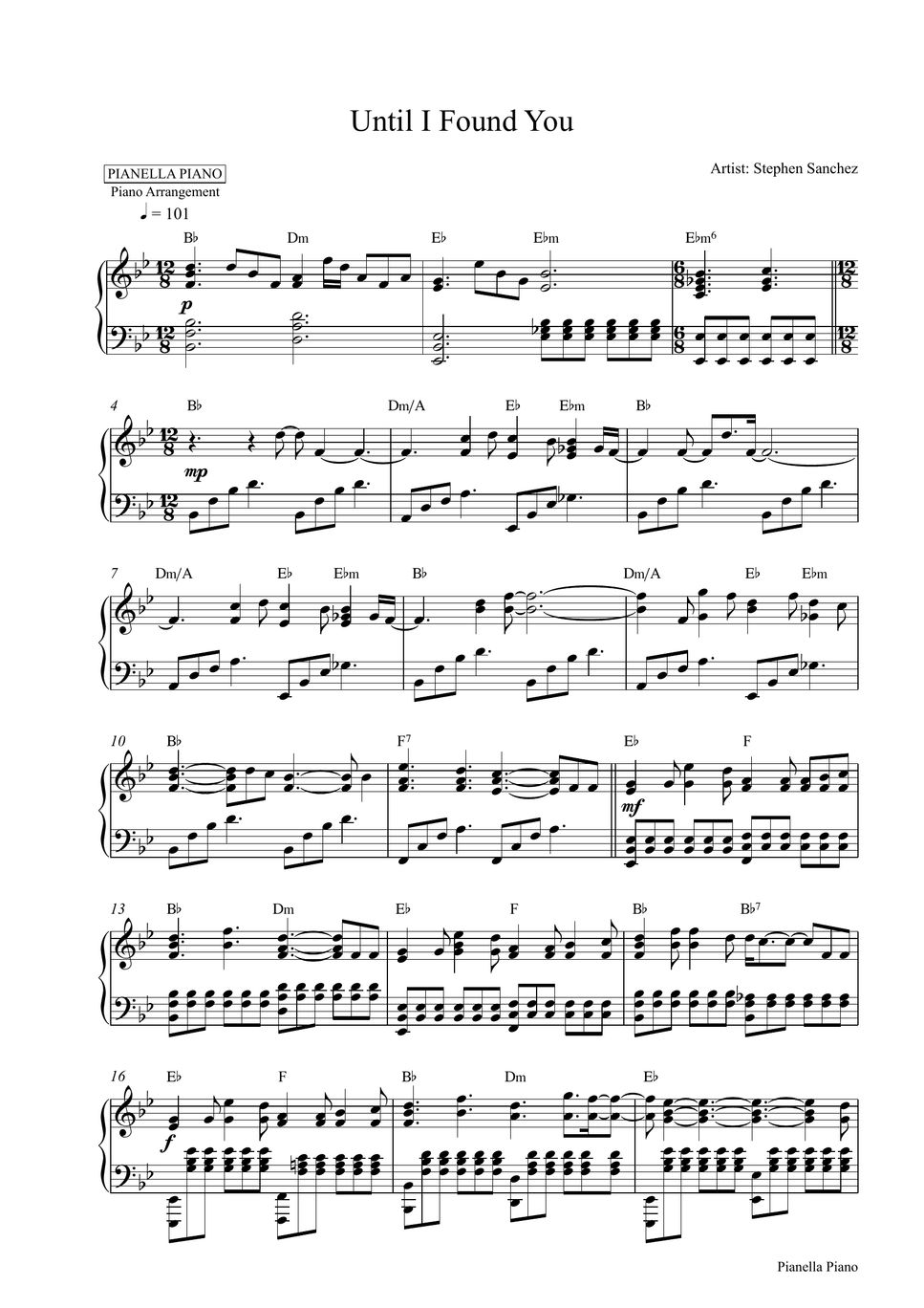 Stephen Sanchez Until I Found You (Piano Sheet) Spartito by Pianella