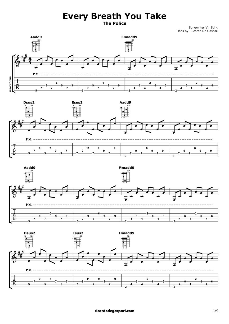 The Police Every Breath You Take (for one guitar) TAB by Ricardo De Gaspari