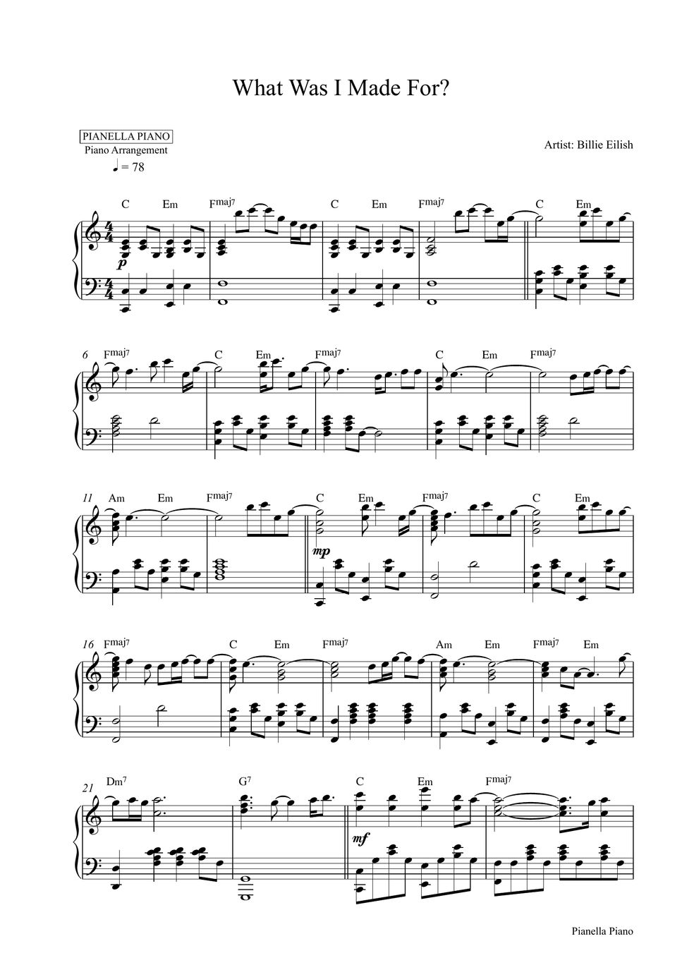 Billie Eilish - What Was I Made For? (Piano Sheet - Special Price $2 ...