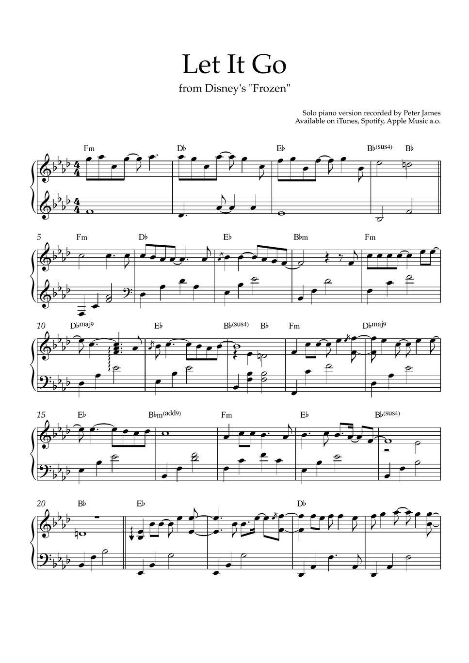 Frozen (Disney) - Let It Go (Piano Solo) Sheet by Peter James