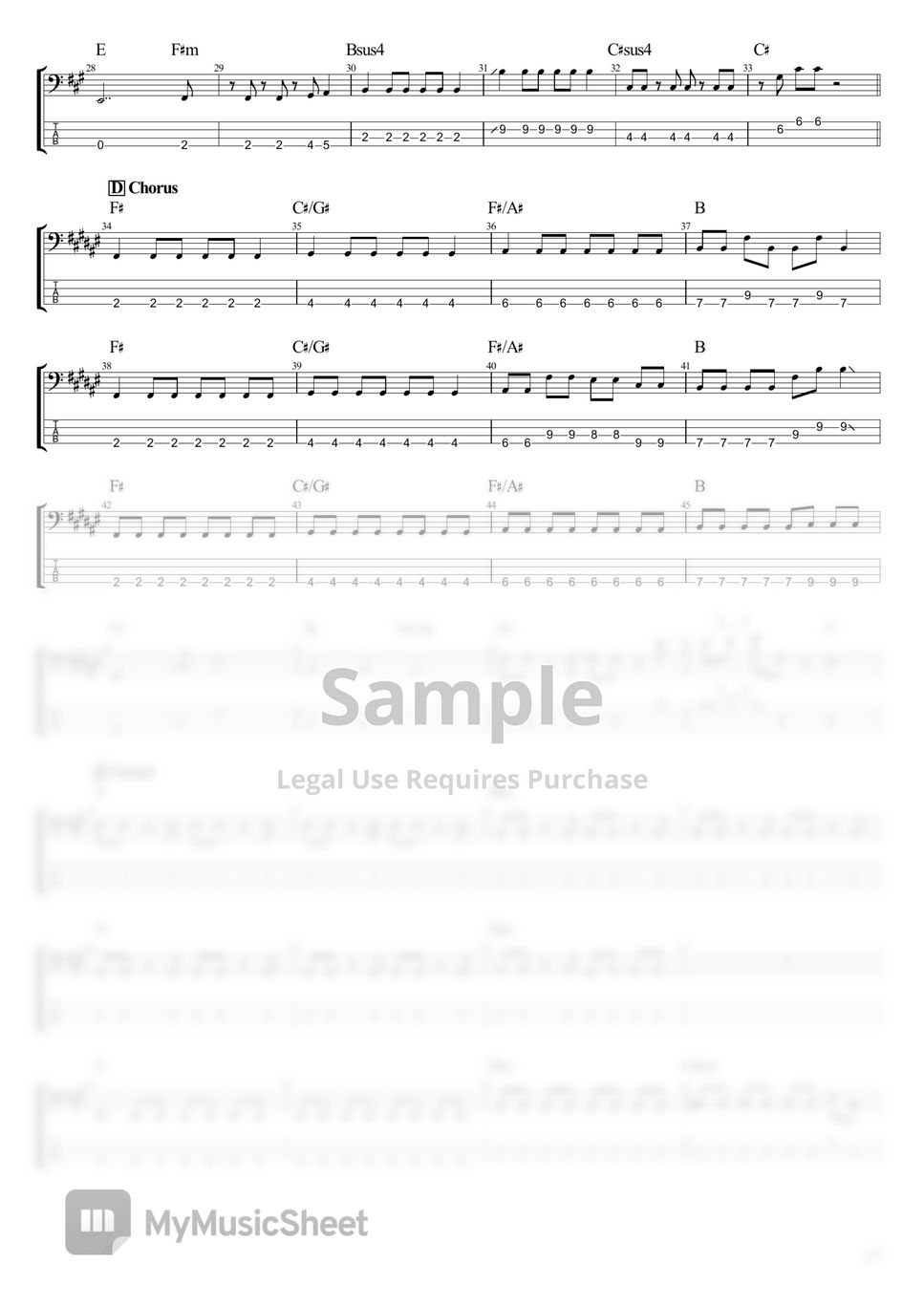 結束バンド Distortion!! (ベース Tab譜 4弦) Tab + 단선 악보 by T's bass score
