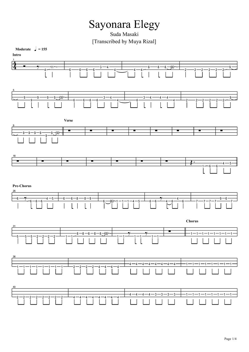 Suda Masaki - Sayonara Elegy (Bass TAB) Sheets by Muya