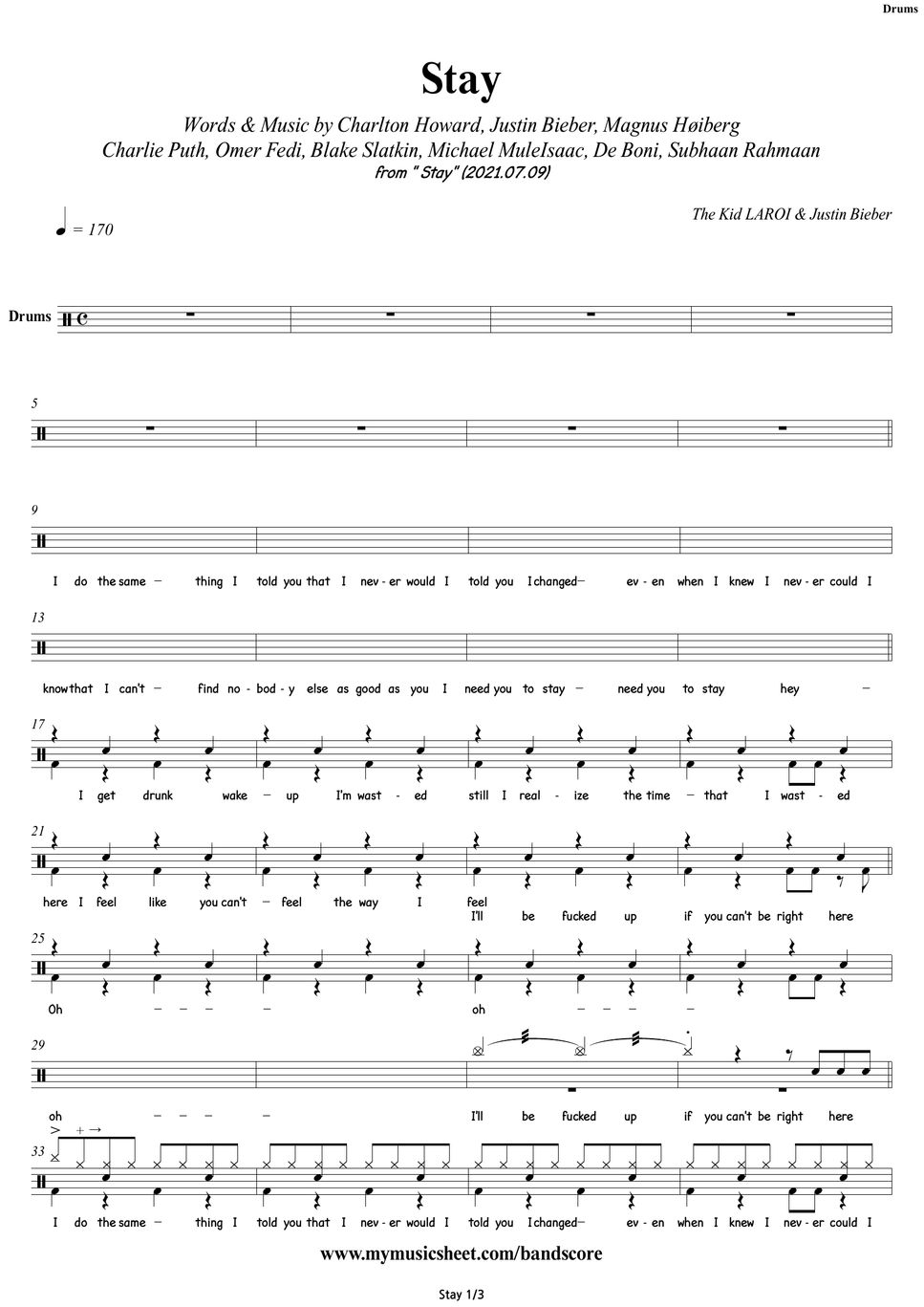 Ghost - Justin Bieber (Drum Score) Sheet music for Drum group (Solo)