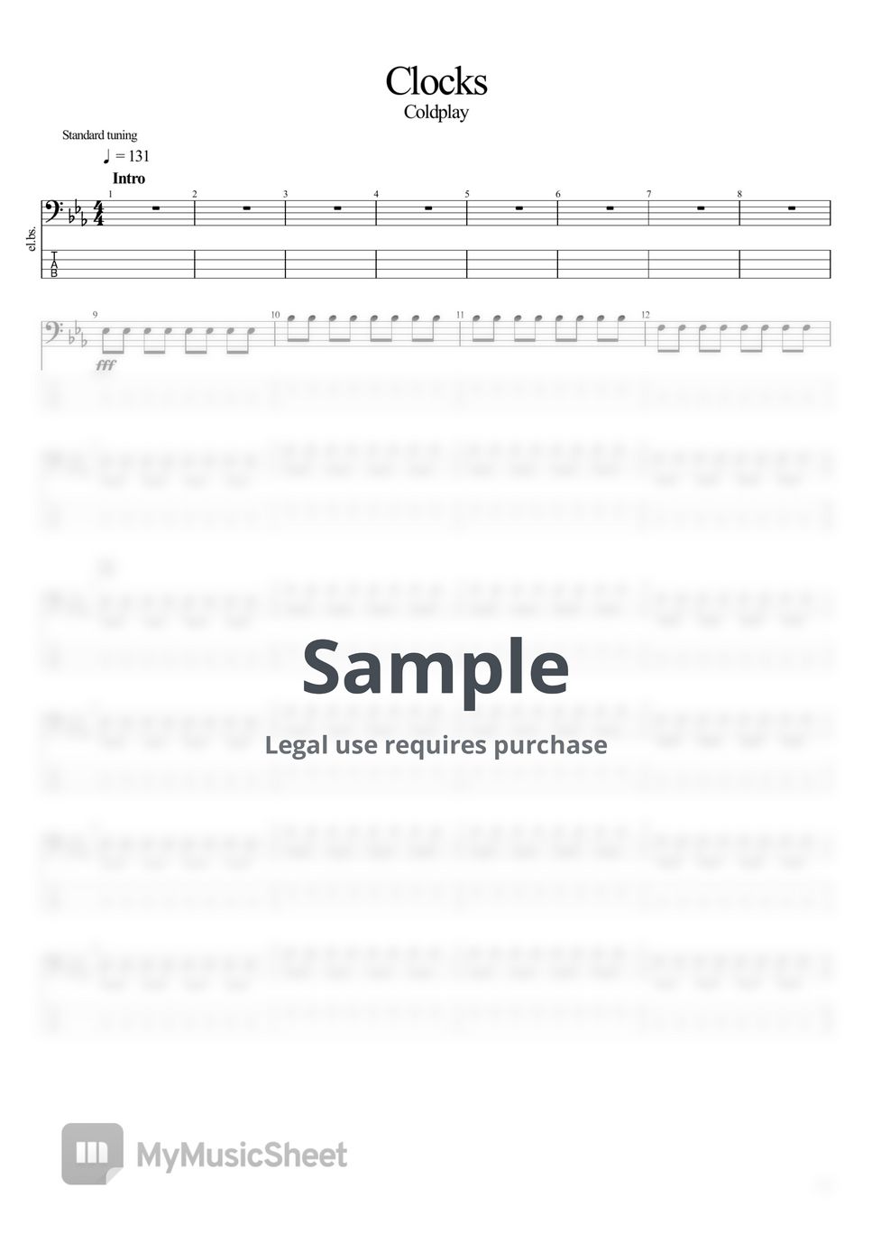 Coldplay Clocks (베이스 악보 / 타브 포함) Tab + 1staff by BassBlur