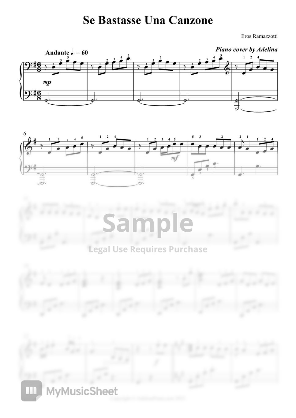 Eros Ramazzotti Se Bastasse Una Canzone (Easy Version) Sheets by Adelina Piano