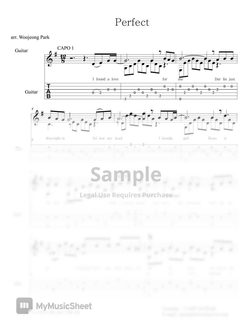 Ed Sheeran Perfect (쉬운 기타 편곡 타브 악보 Guitar TAB) Sheets by Woojeong Park