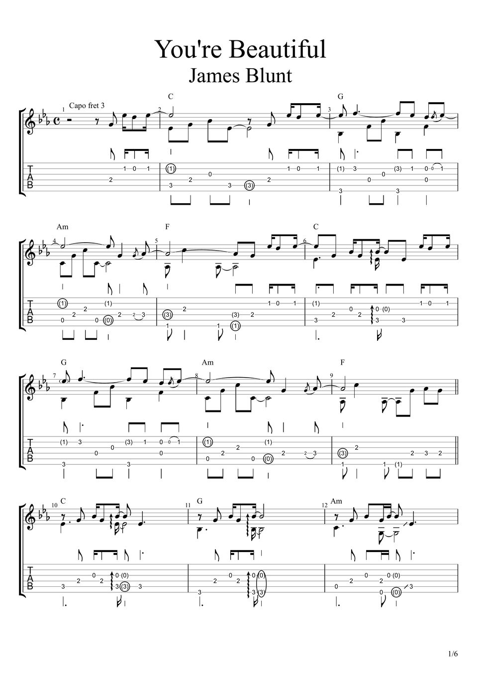 James Blunt You're Beautiful / ユーアー ビューティフル (Fingerstyle Guitar) 楽譜