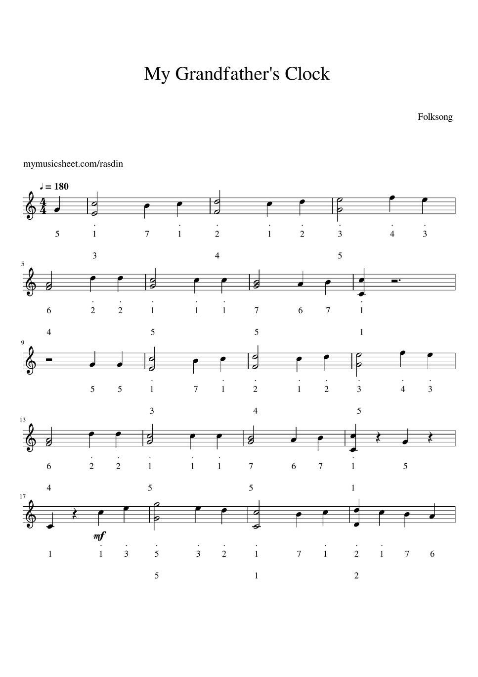 Marching Through My Grandfather's Clock with fingering