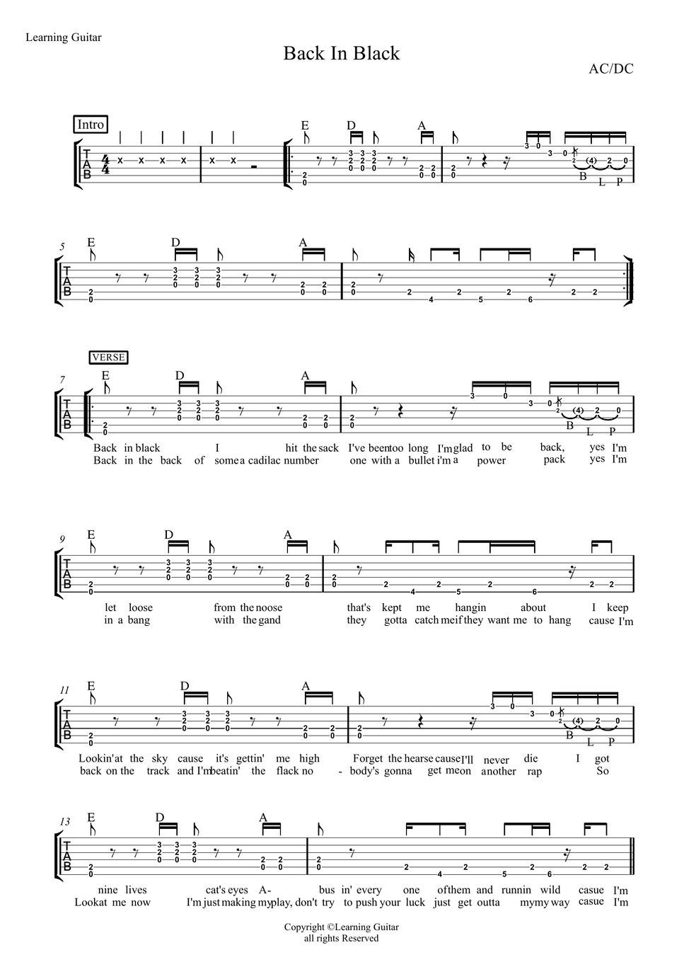 Back In Black Chords & Tabs - AC/DC