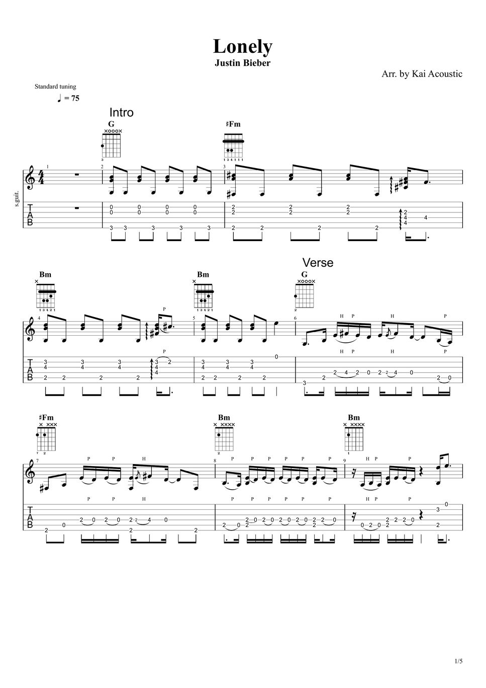 Justin Bieber Lonely Fingerstyle Guitar Tutorial TAB Sheets by Kai