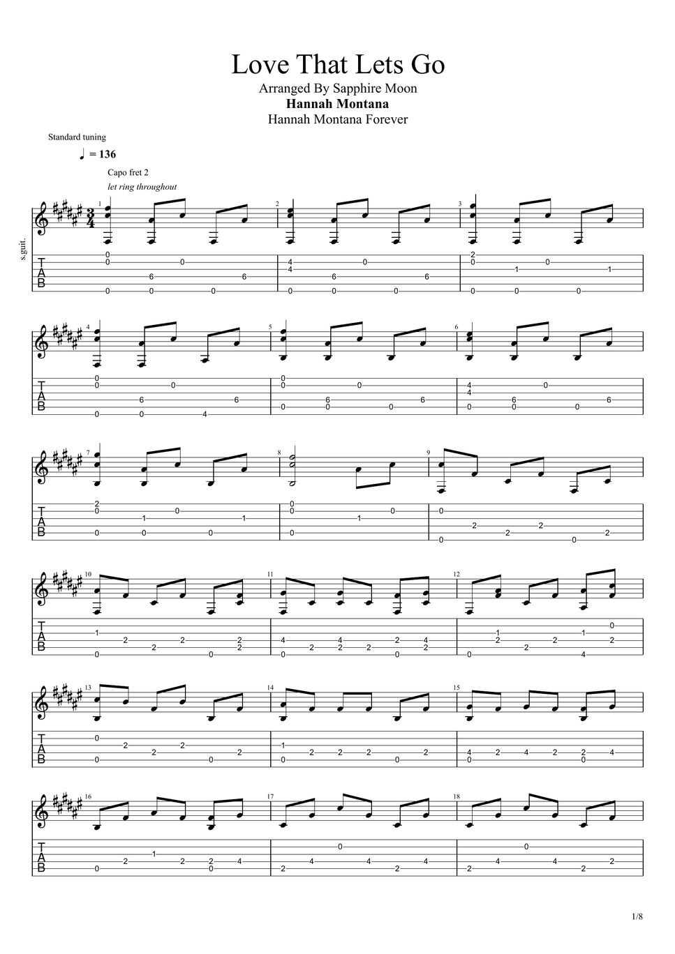 Hannah Montana Love That Lets Go [Fingerstyle Guitar] Tab + 1staff by