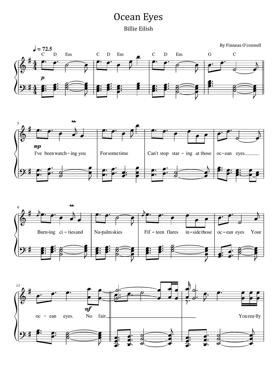 Finneas O'connell Ocean Eyes (Billie Eilish For Piano Solo With